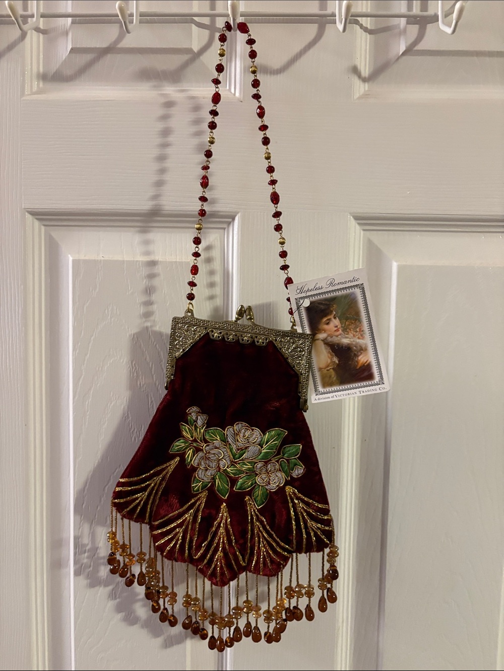 Vintage Beaded Burgundy Floral Velveteen  & Brocade Evening Shoulder Bag